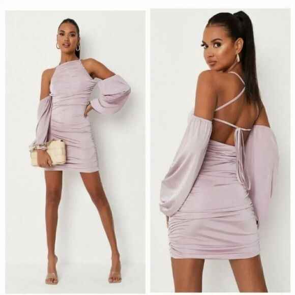 NEW Missguided Lilac Cut Out Ruched Slinky Double Layered Mini Dress Size 4 - Picture 1 of 12
